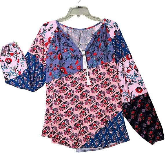 Patchwork Boho Blouse Women's Sz XL Floral Hippie Navy Multi Peasant Fall Colors - Picture 11 of 11